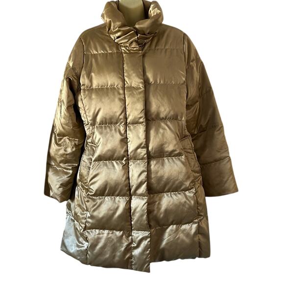 Lands End Quilted Goose Down Puffer Coat Womens Gold Large 14/16 Below Knee - Picture 1 of 14